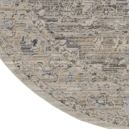 8' Ivory Black And Taupe Floral Medallion Distressed Round Rug With Fringe Photo 2