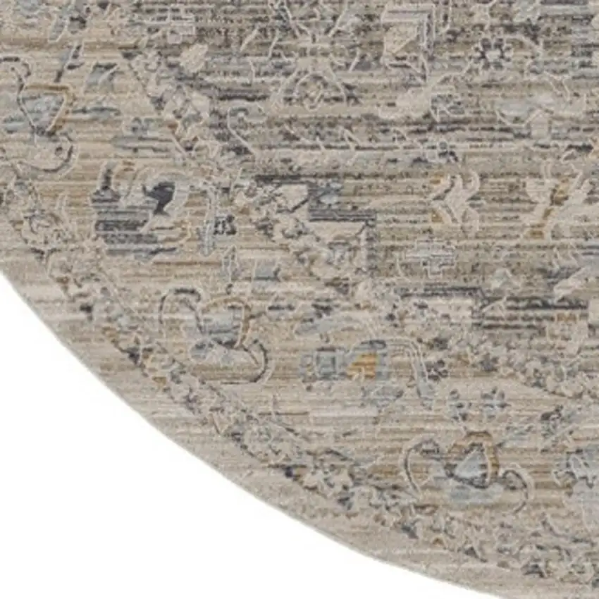 8' Ivory Black And Taupe Floral Medallion Distressed Round Rug With Fringe Photo 2