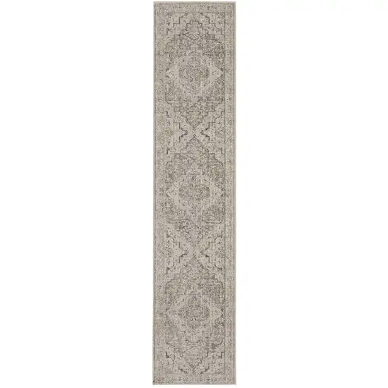 8' Ivory Black And Taupe Floral Medallion Distressed Runner Rug With Fringe Photo 2