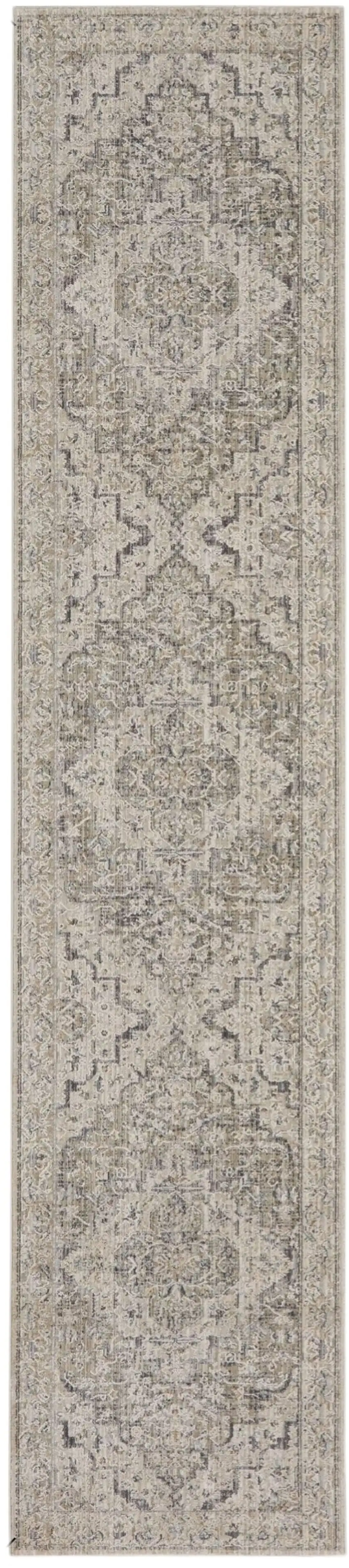 8' Ivory Black And Taupe Floral Medallion Distressed Runner Rug With Fringe Photo 2