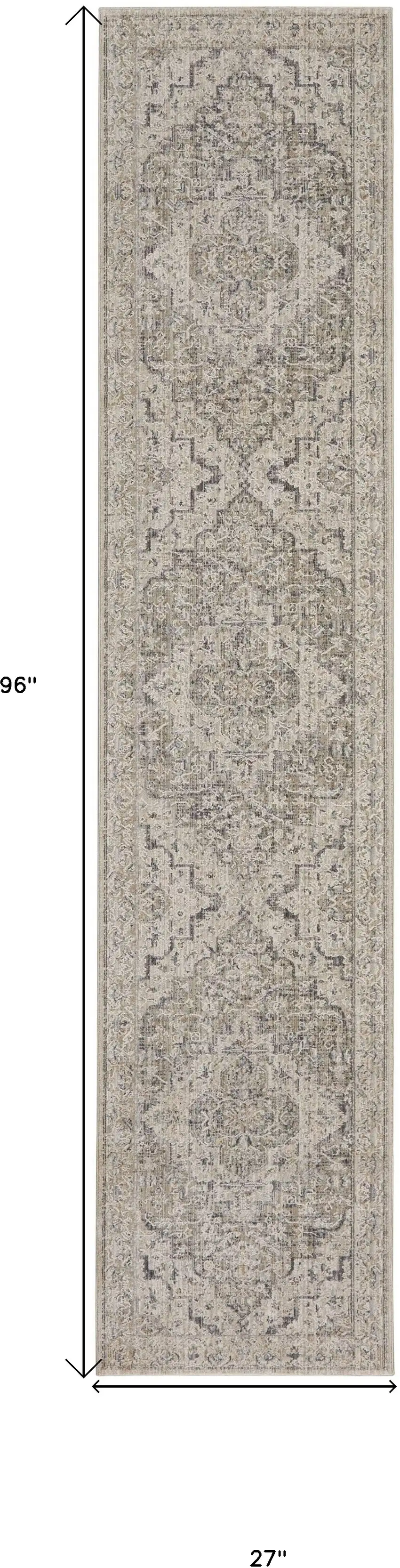 8' Ivory Black And Taupe Floral Medallion Distressed Runner Rug With Fringe Photo 3