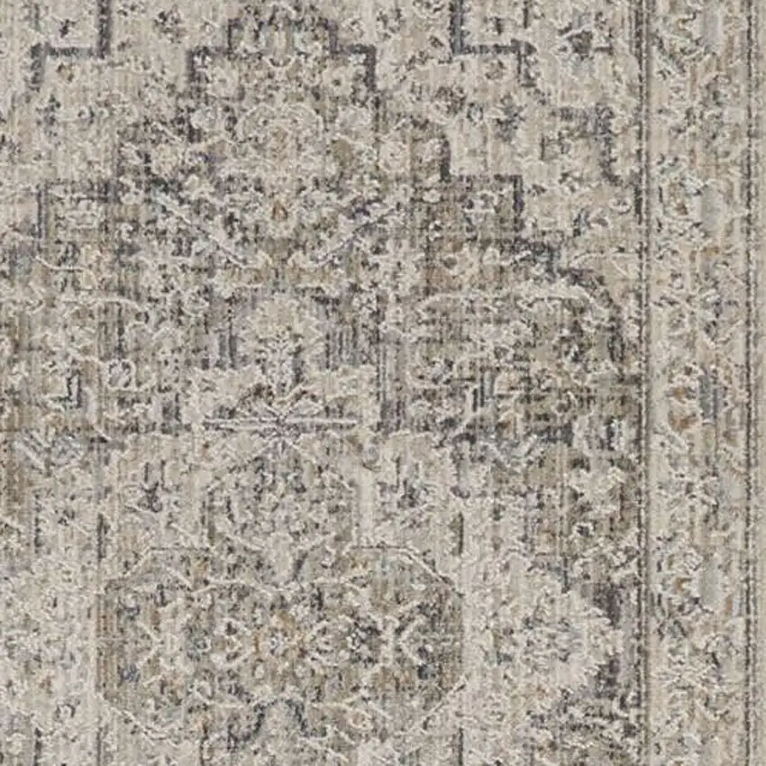 8' Ivory Black And Taupe Floral Medallion Distressed Runner Rug With Fringe Photo 6