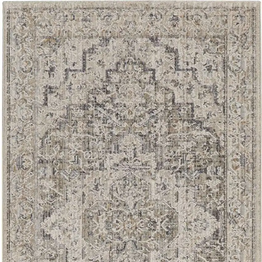 8' Ivory Black And Taupe Floral Medallion Distressed Runner Rug With Fringe Photo 7