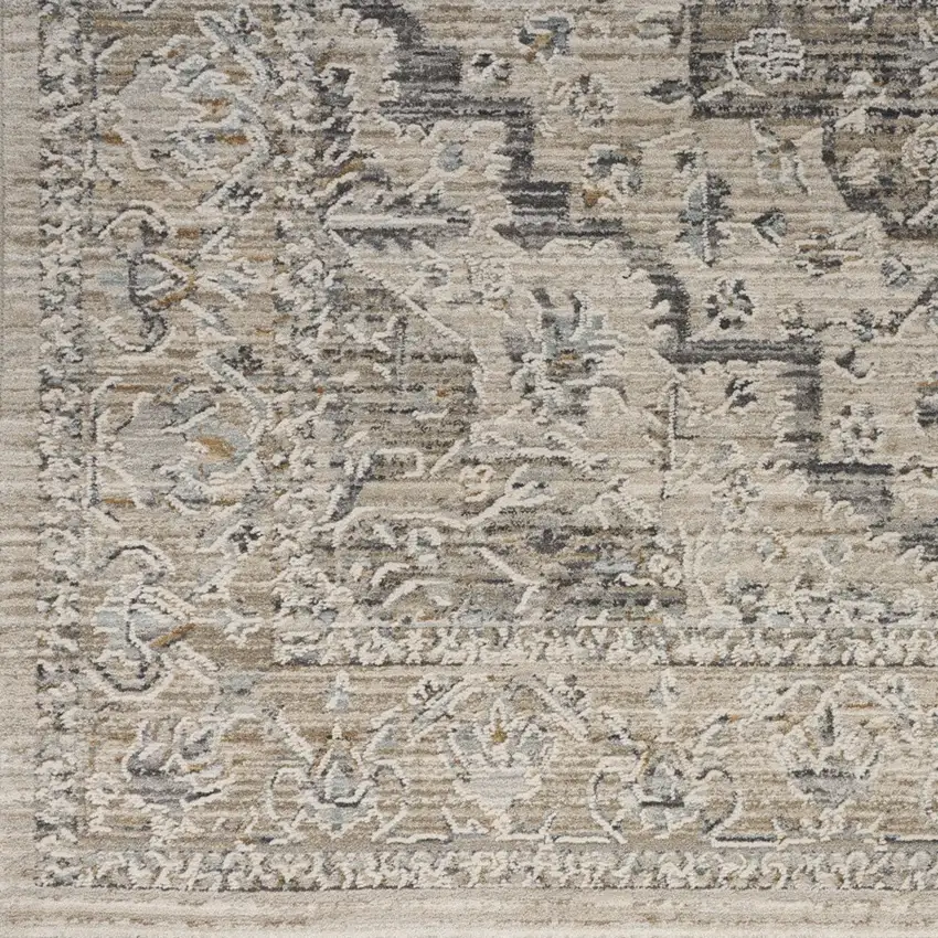 12' Ivory Black And Taupe Medallion Distressed Runner Rug With Fringe Photo 6