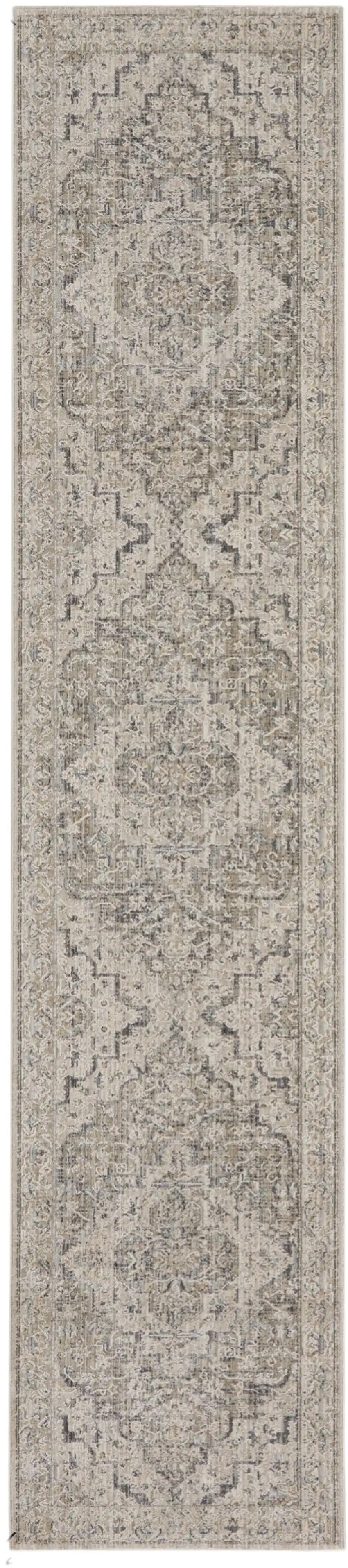 12' Ivory Black And Taupe Medallion Distressed Runner Rug With Fringe Photo 2