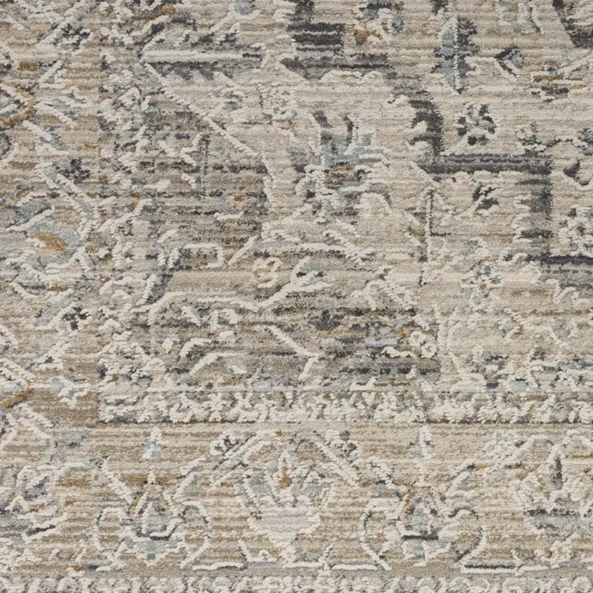 12' Ivory Black And Taupe Medallion Distressed Runner Rug With Fringe Photo 5