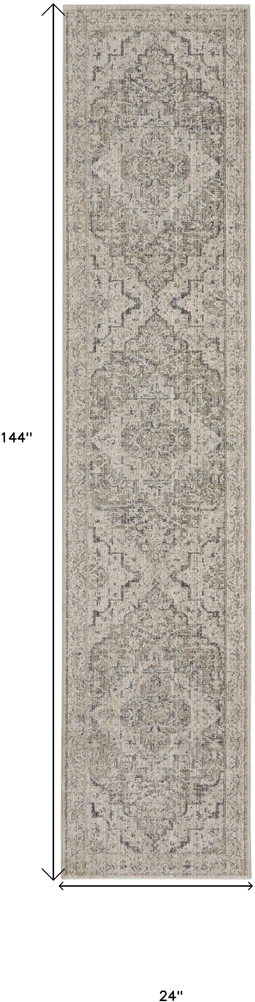 12' Ivory Black And Taupe Medallion Distressed Runner Rug With Fringe Photo 3