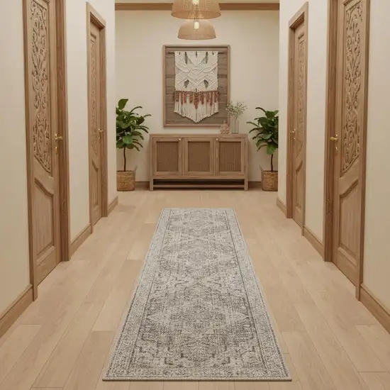 12' Ivory Black And Taupe Medallion Distressed Runner Rug With Fringe Photo 1