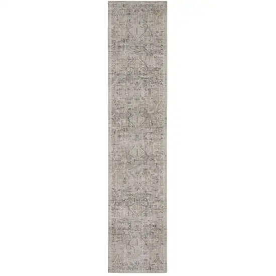 8' Ivory Black And Taupe Southwestern Distressed Runner Rug With Fringe Photo 2