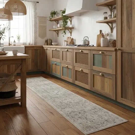 8' Ivory Black And Taupe Southwestern Distressed Runner Rug With Fringe Photo 1