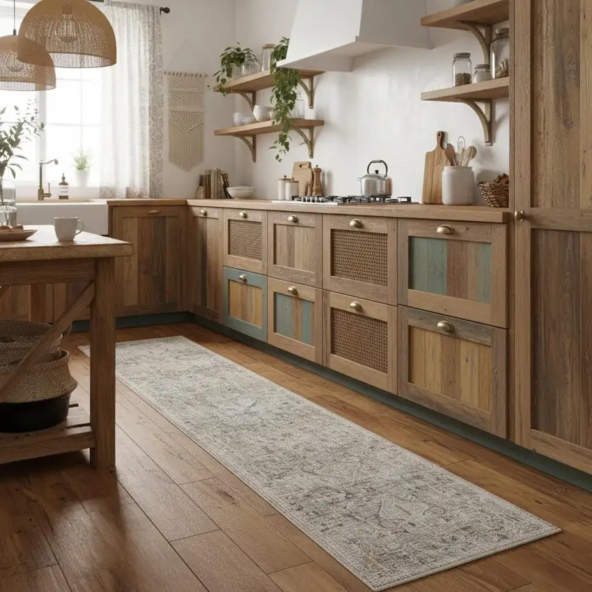 8' Ivory Black And Taupe Southwestern Distressed Runner Rug With Fringe Photo 1