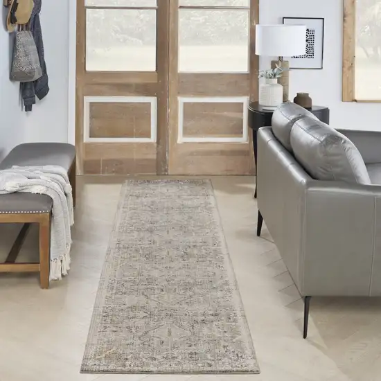 10' Ivory Black And Taupe Southwestern Distressed Runner Rug With Fringe Photo 4