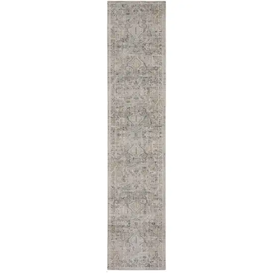 10' Ivory Black And Taupe Southwestern Distressed Runner Rug With Fringe Photo 2