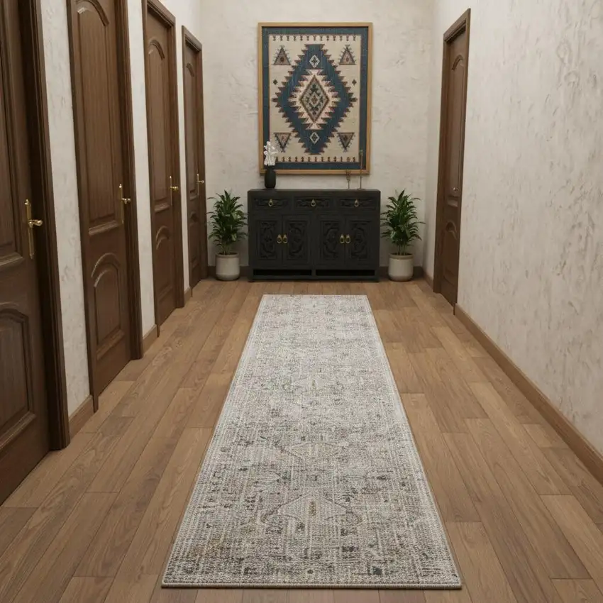 10' Ivory Black And Taupe Southwestern Distressed Runner Rug With Fringe Photo 1