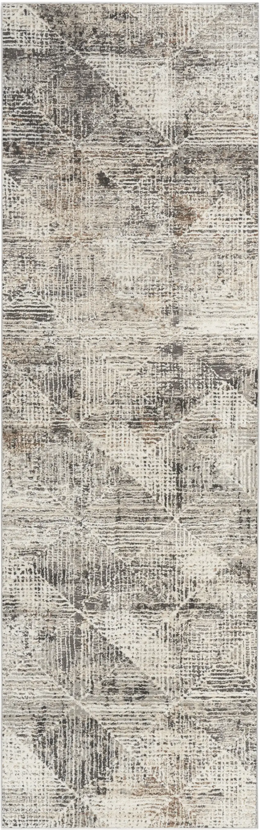 8' Ivory Black and Brown Geometric Non Skid Runner Rug Photo 2