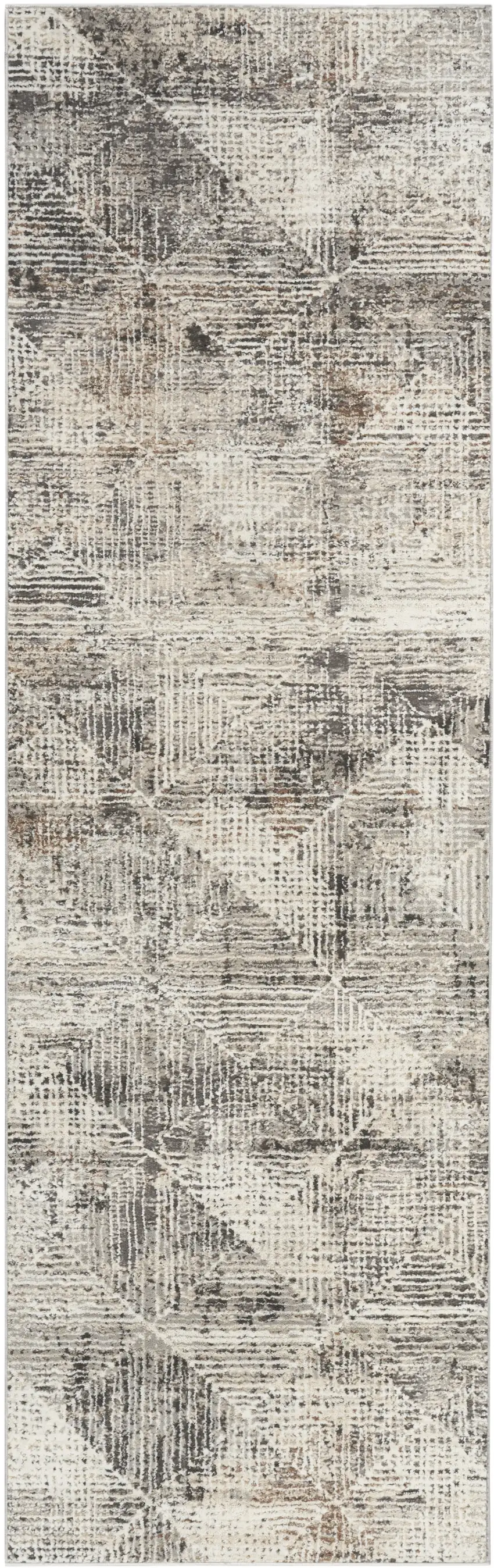 8' Ivory Black and Brown Geometric Non Skid Runner Rug Photo 1