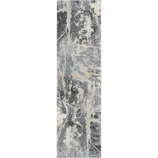 8' Ivory Black and Gray Abstract Distressed Runner Rug Photo 1