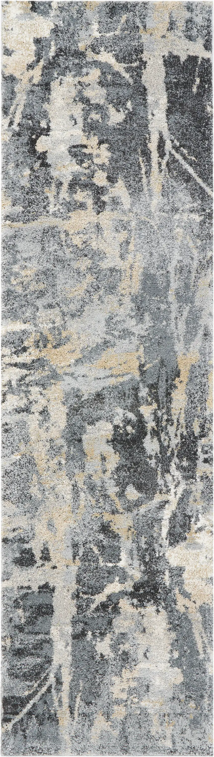 8' Ivory Black and Gray Abstract Distressed Runner Rug Photo 5