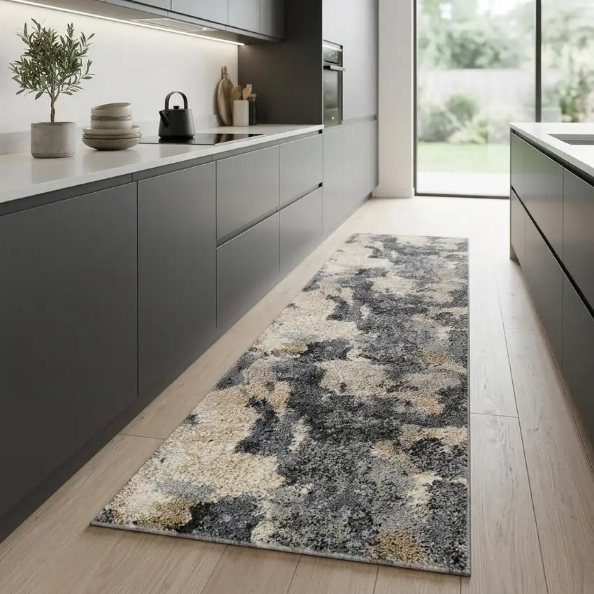 8' Ivory Black and Gray Abstract Distressed Runner Rug Photo 1