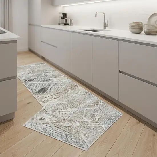 8' Ivory Black and Gray Abstract Non Skid Runner Rug Photo 1