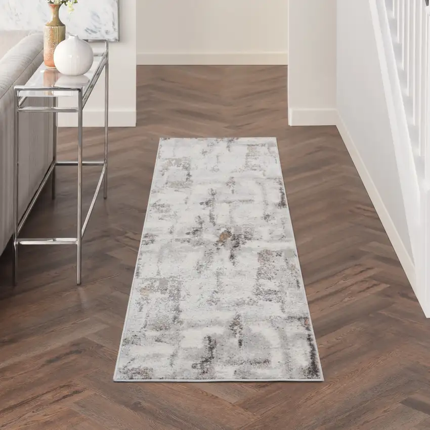 8' Ivory Black and Gray Abstract Non Skid Runner Rug Photo 6