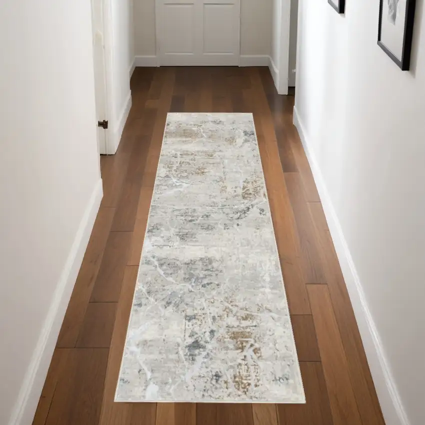 8' Ivory Black and Gray Abstract Non Skid Runner Rug Photo 2