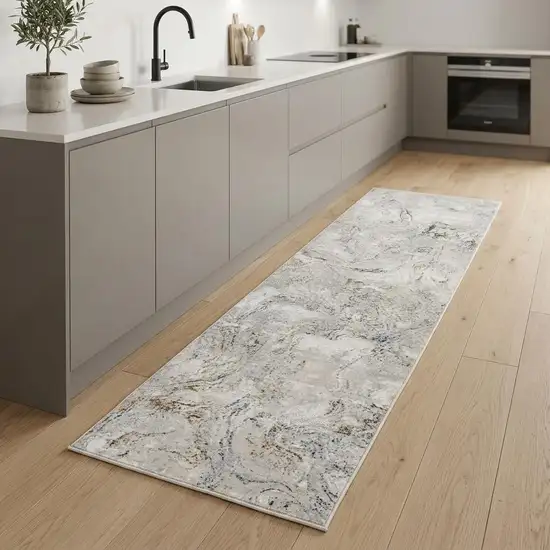 8' Ivory Black and Gray Abstract Non Skid Runner Rug Photo 1