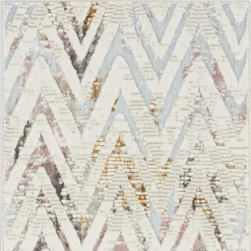 8' Ivory Black and Gray Chevron Distressed Non Skid Runner Rug Photo 4