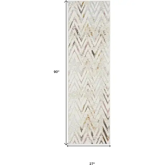 8' Ivory Black and Gray Chevron Distressed Non Skid Runner Rug Photo 3