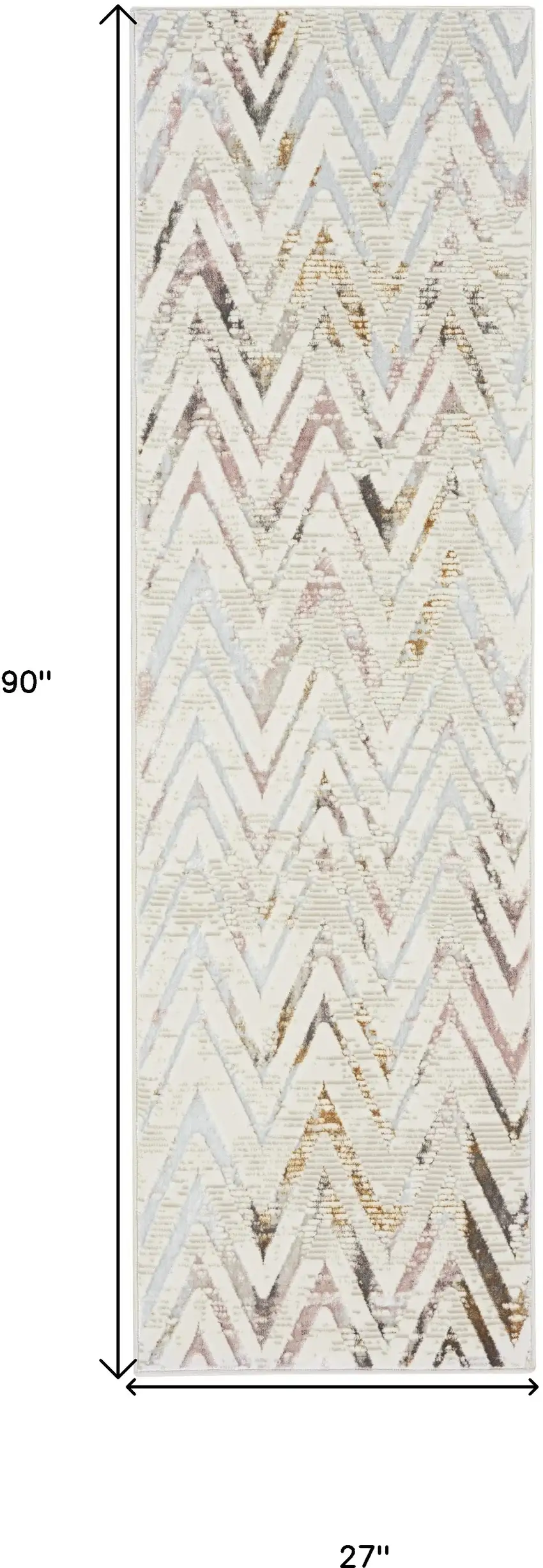8' Ivory Black and Gray Chevron Distressed Non Skid Runner Rug Photo 3