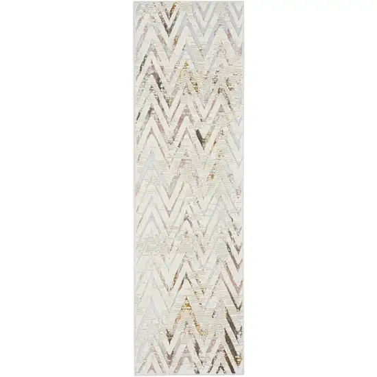 8' Ivory Black and Gray Chevron Distressed Non Skid Runner Rug Photo 2