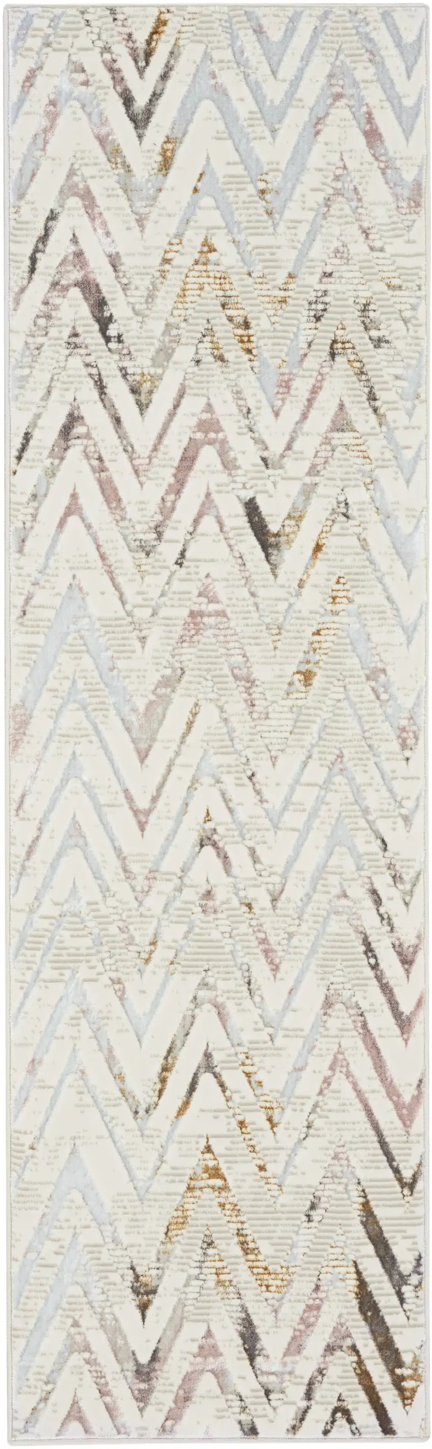 8' Ivory Black and Gray Chevron Distressed Non Skid Runner Rug Photo 2
