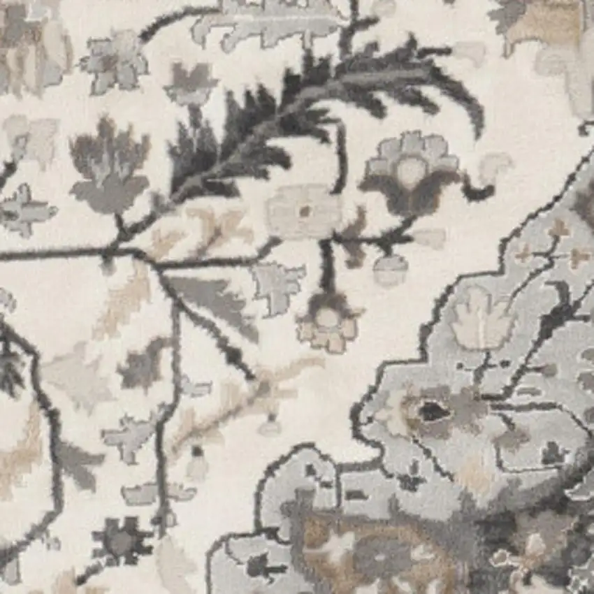 8' Ivory Black and Gray Floral Medallion Non Skid Round Rug Photo 1