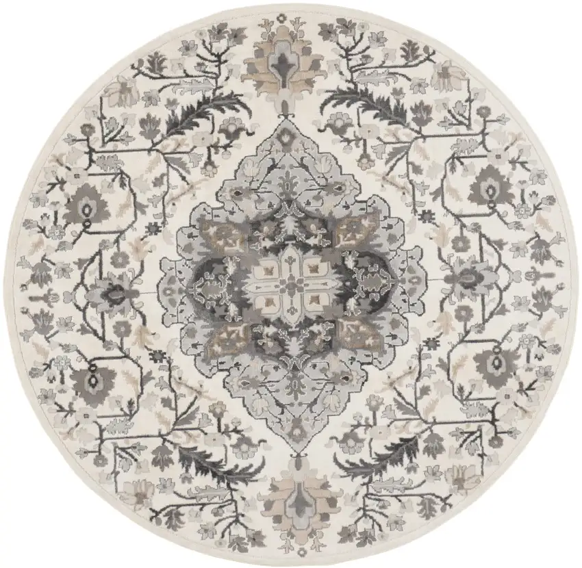 8' Ivory Black and Gray Floral Medallion Non Skid Round Rug Photo 4