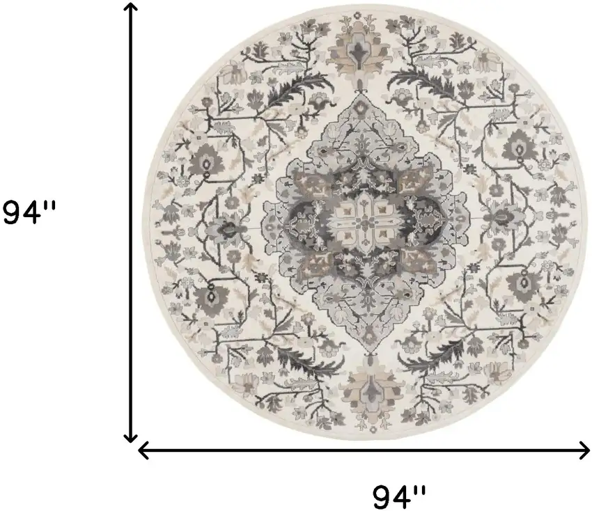 8' Ivory Black and Gray Floral Medallion Non Skid Round Rug Photo 3