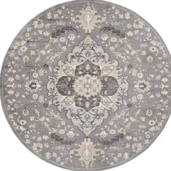 8' Ivory Black and Gray Floral Medallion Non Skid Round Rug Photo 1
