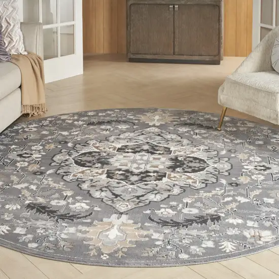 8' Ivory Black and Gray Floral Medallion Non Skid Round Rug Photo 5