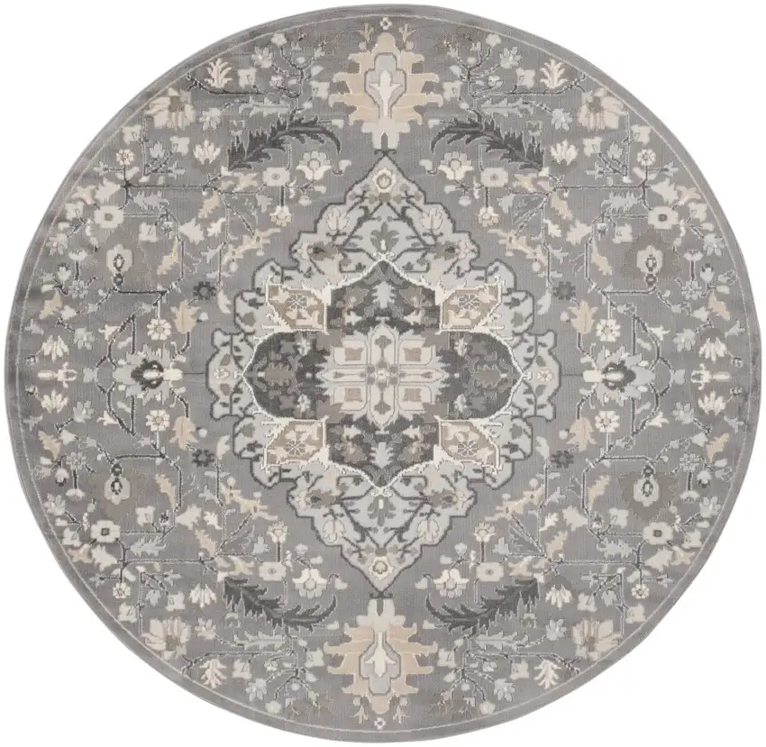 8' Ivory Black and Gray Floral Medallion Non Skid Round Rug Photo 4