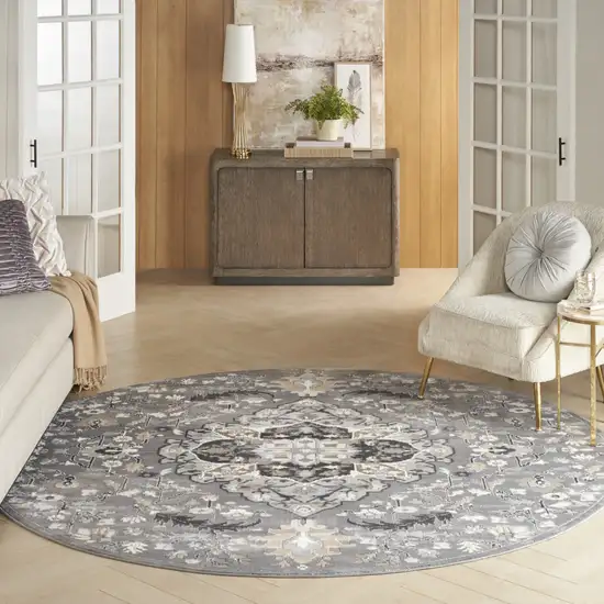 5' Ivory Black and Gray Floral Medallion Non Skid Round Rug Photo 6