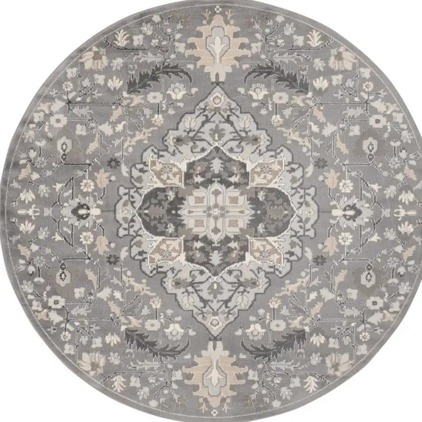 5' Ivory Black and Gray Floral Medallion Non Skid Round Rug Photo 2