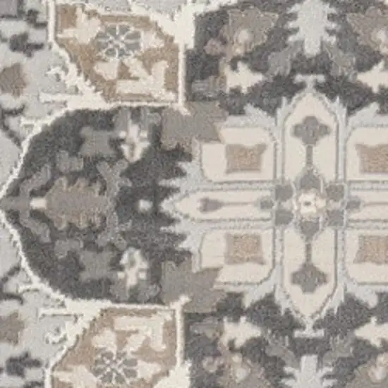5' Ivory Black and Gray Floral Medallion Non Skid Round Rug Photo 4