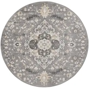 Photo of 5' Ivory Black and Gray Floral Medallion Non Skid Round Rug