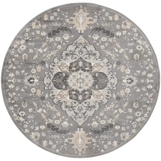 5' Ivory Black and Gray Floral Medallion Non Skid Round Rug Photo 1