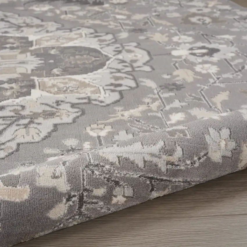 5' Ivory Black and Gray Floral Medallion Non Skid Round Rug Photo 7