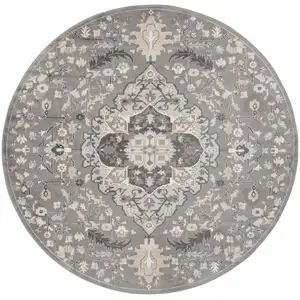 Photo of 5' Ivory Black and Gray Floral Medallion Non Skid Round Rug