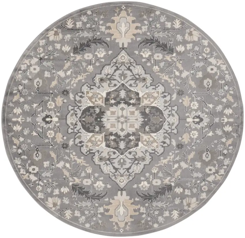 5' Ivory Black and Gray Floral Medallion Non Skid Round Rug Photo 2