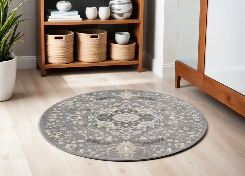 5' Ivory Black and Gray Floral Medallion Non Skid Round Rug Photo 1