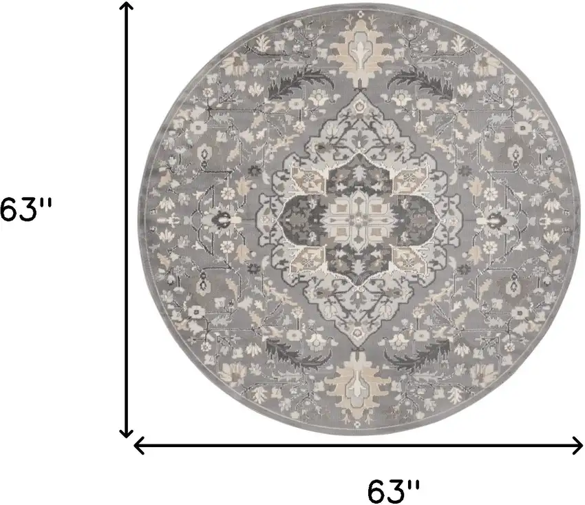 5' Ivory Black and Gray Floral Medallion Non Skid Round Rug Photo 3