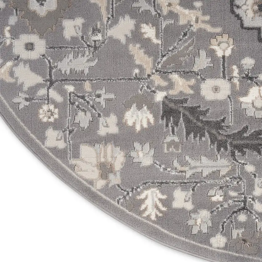 5' Ivory Black and Gray Floral Medallion Non Skid Round Rug Photo 9