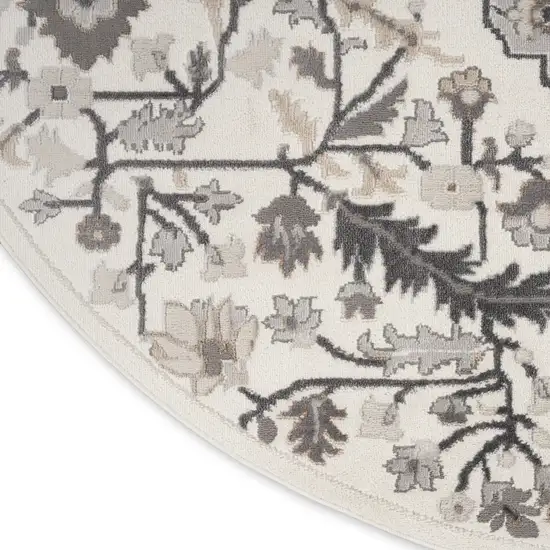 5' Ivory Black and Gray Floral Medallion Non Skid Round Rug Photo 8